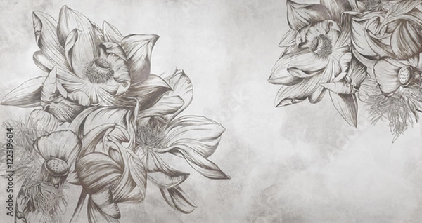 Obraz Beautiful macro lotus flowers on concrete grunge wall. Floral background for wallpaper, photo wallpaper, mural, card, postcard, painting. Design in the loft, classic, modern style.