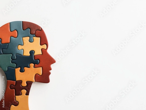 Fototapeta Colorful Jigsaw Puzzle Pieces Create a Silhouette of a Human Head, Representing the Intricacies of the Mind and the Diversity of Thought.