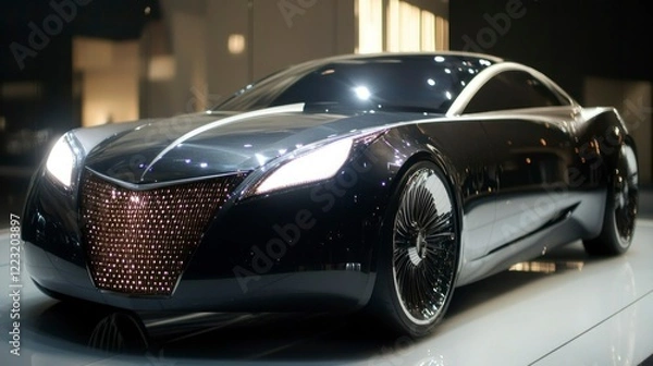 Fototapeta Futuristic coupe with symmetrical led headlights auto show vehicle showcase urban environment eye-level view innovative design