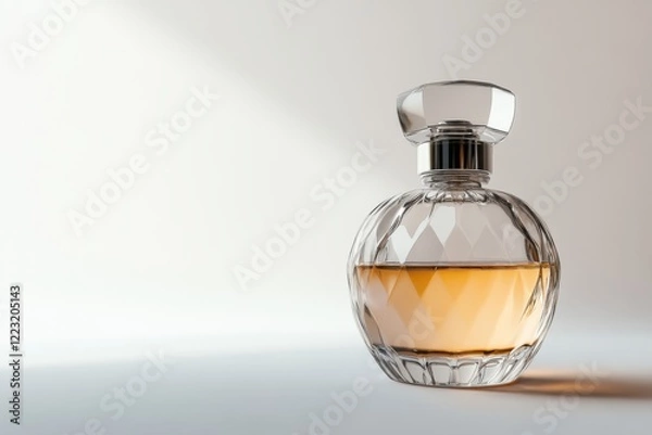 Fototapeta Elegant glass perfume bottle captured in soft light. The amber liquid inside glows beautifully. A symbol of luxury and charm. Generative AI