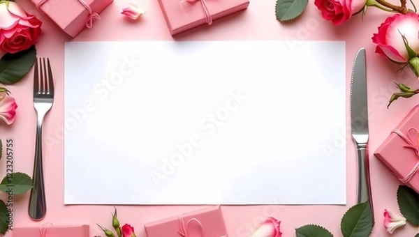 Fototapeta Top view of a large blank white card and surrounded by fork, knife, pink gift boxes, pink roses, isolated on pink pastel background, Valentine's day menu concept