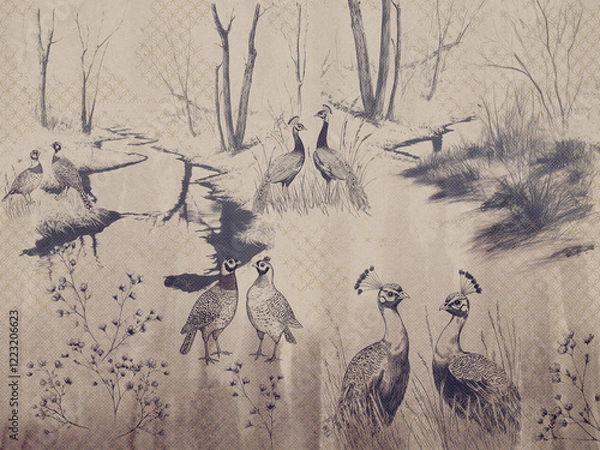 Obraz Decorative picture with wild birds and nature in vintage style. Wallpapaer, mural.