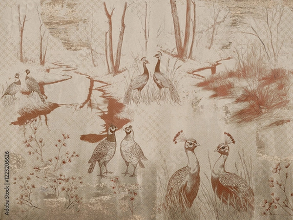Obraz Decorative picture with wild birds and nature in vintage style. Wallpapaer, mural.