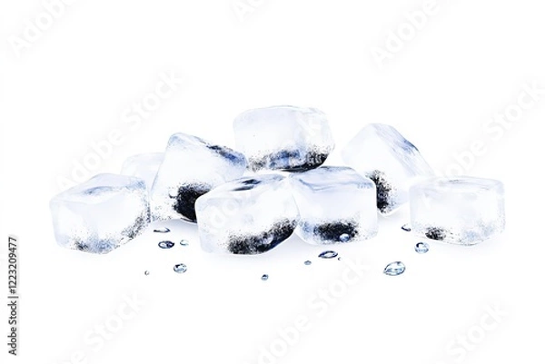 Fototapeta A close-up view of clear ice cubes with droplets on a white background, perfect for cooling beverages