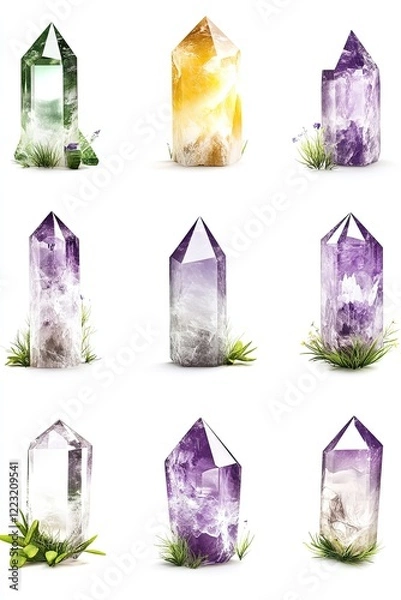 Fototapeta Vibrant display of various crystal formations with natural elements and soft lighting