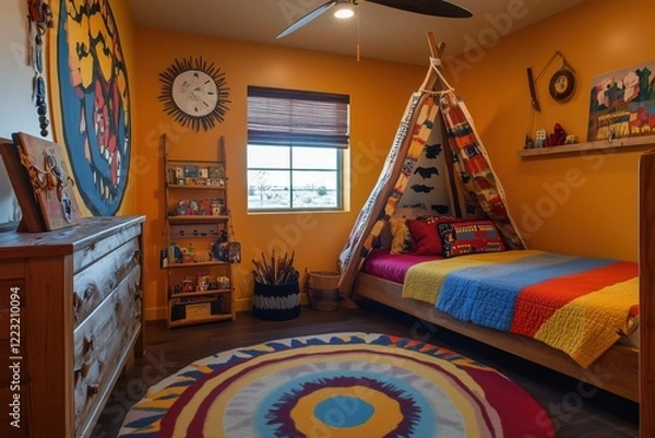 Obraz A colorful Southwestern interior design style children's bedroom featuring a teepee, a vibrant bedspread, and a round rug. The walls are painted bright yellow, adorned with art and a sun clock.