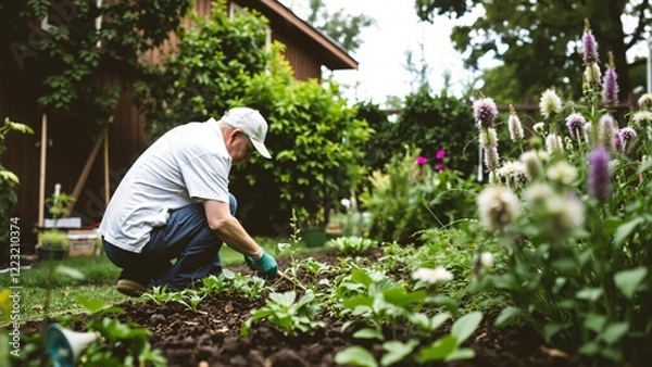 Obraz Senior Man Tending to His Vegetable Garden