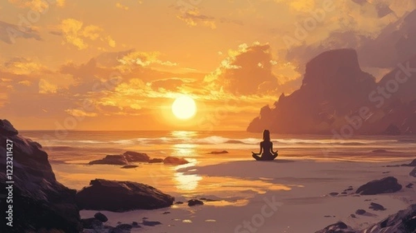 Fototapeta Woman meditating on beach at sunset with silhouetted rocks and serene ocean view
