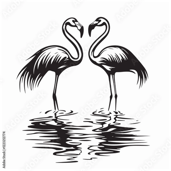 Fototapeta Two flamingos are reflected in the water with their heads together image vector.