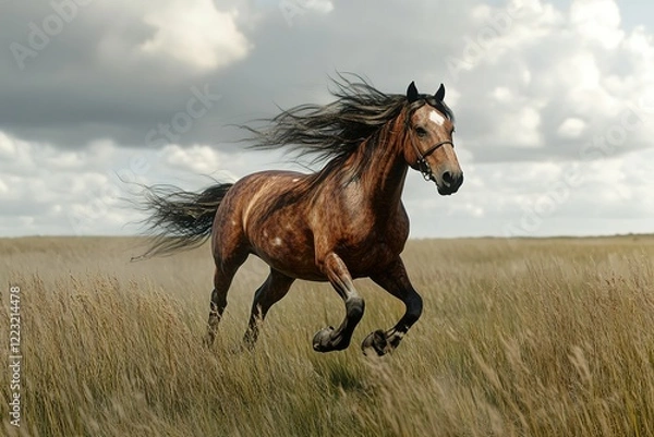 Fototapeta Brown horse galloping through tall grass under a cloudy sky.