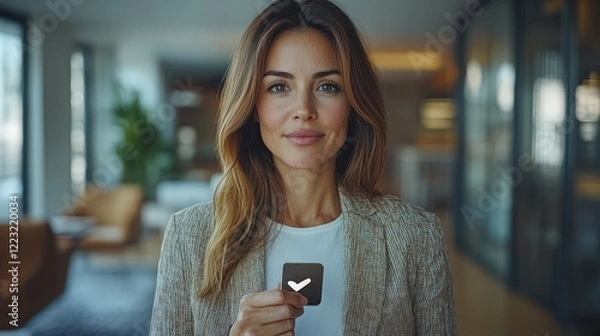 Fototapeta Confident woman holding a card in a modern office setting, with soft lighting and greenery in the background
