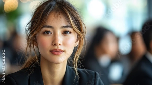 Fototapeta Young woman in a black blazer sitting in a busy caf?, engaging with the camera, with blurred patrons in the background