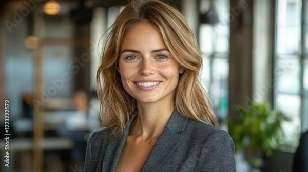 Fototapeta Professional woman smiling confidently in a modern office setting with colleagues in the background