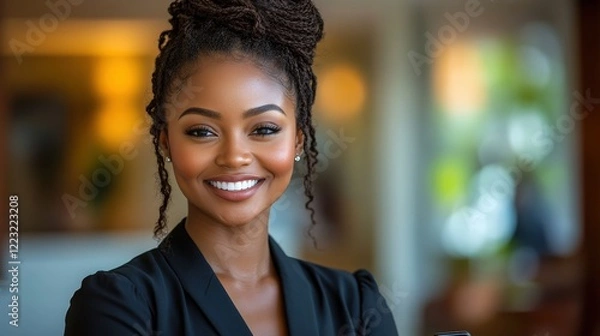 Fototapeta Confident woman in a professional setting smiling warmly, with a blurred background of a modern office