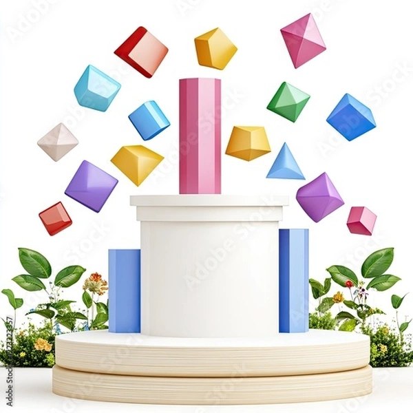 Fototapeta Colorful geometric shapes floating above a white pedestal surrounded by vibrant flowers