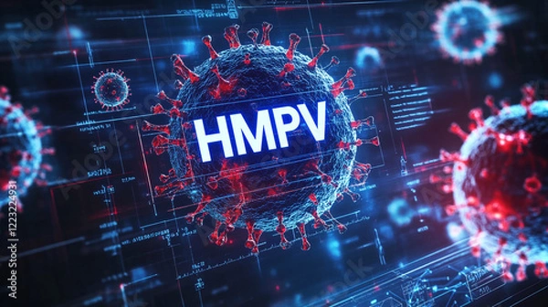 Fototapeta hmpv virus which is recently surrounded around the world, hmpv detailed visualization of the virus structure, Human metapneumovirus HMPV molecular closeup view with world map concept.
