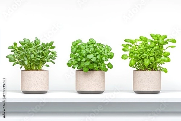 Fototapeta Three vibrant potted herbs arranged on a minimalist shelf against a clean white background