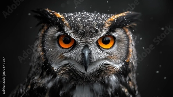 Fototapeta Close-up of the face of a flat-faced owl with large eyes on a black background. Night owl in intense monochrome portrait.