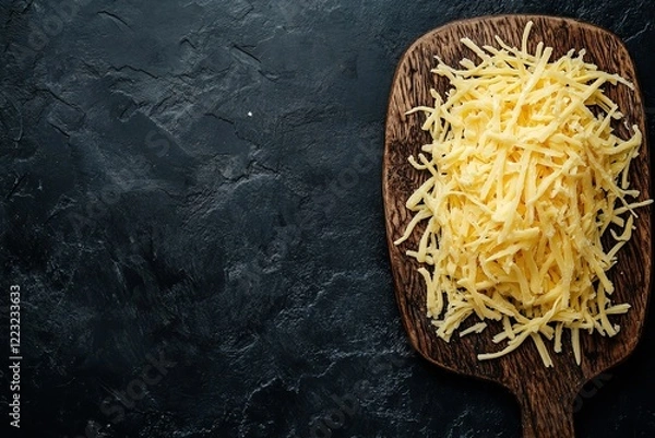 Obraz Pile of shredded cheese on a wooden board