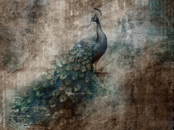 Obraz Beautiful peacock on grunge photo wallpaper with golden abstract elements on concrete background. Illustration for wallpaper, fresco, mural.