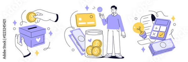 Fototapeta Crowdfunding, investment, fundraising donation set. Characters contribute money for idea, financial support, startup business. Finance outline concept. Vector illustration.