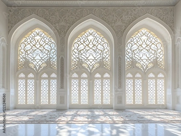 Obraz Elegant Islamic architecture with ornate arched windows and sunlight.