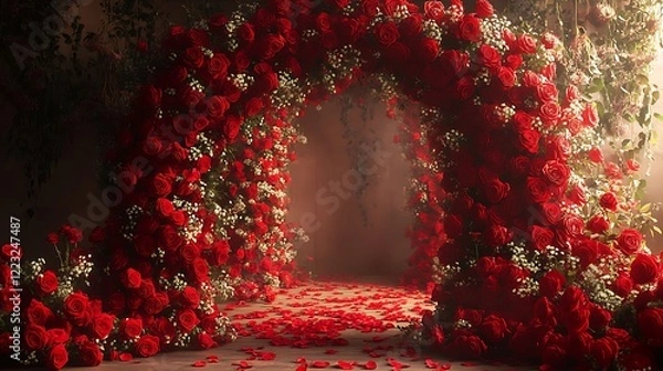 Obraz Red rose archway with petals.