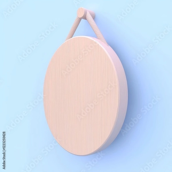 Fototapeta A simple, circular wooden wall decoration with a rope hanger against a light blue background, showcasing minimalist design.