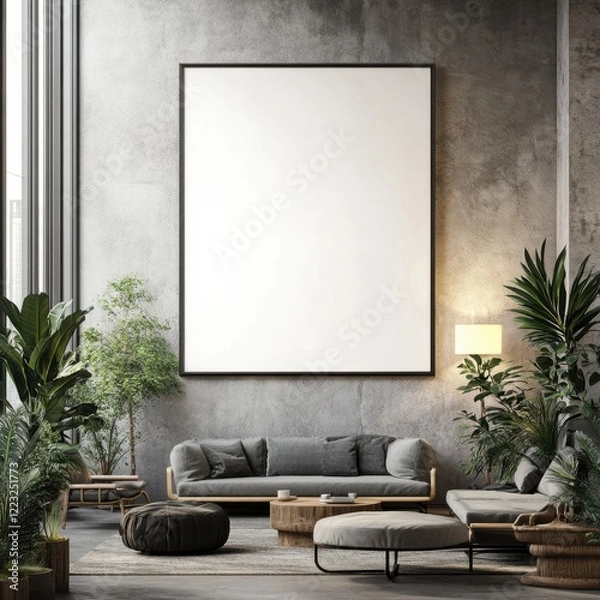 Fototapeta A large white wall with a black frame. A couch and a coffee table are in the room