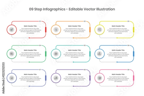 Obraz 9 Steps Infographics Design Template - Graph, Pie chart, workflow layout, rectangle diagram, brochure, report, presentation, web design Editable Vector illustration