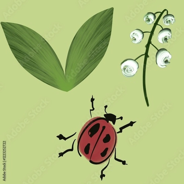 Fototapeta Digital illustration featuring a ladybug, lily of the valley flowers, and green leaves on a light green background. Perfect for nature, botanical, and spring-themed designs