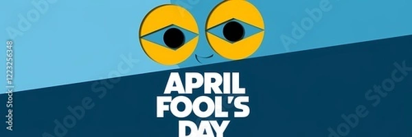 Fototapeta A creative minimalist April Fool's Day poster design with a paper cut out theme. The poster features a large, yellow, smiling face with two eyes and a mouth. The eyes and mouth are made out of paper