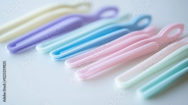 Obraz Pastel colored plastic clips arranged in a row on a white surface creating a vibrant pattern