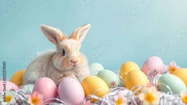 Fototapeta Easter eggs and bunny, flower on blue background banner