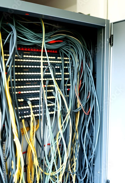 Obraz Switchboard panel with chaotic mess  cables connections, Chaos In Server Room, The tangled network cable, vintage, with white tones