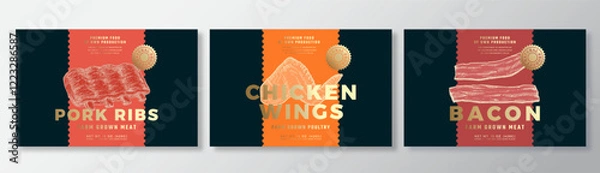 Fototapeta Pork Ribs, Chicken Wings, Bacon Vector Packaging Label Design Templates Set. Product Banner, Hand Drawn Meat, Pork and Poultry Sketches. Food Background Layout with Gold Foil Isolated