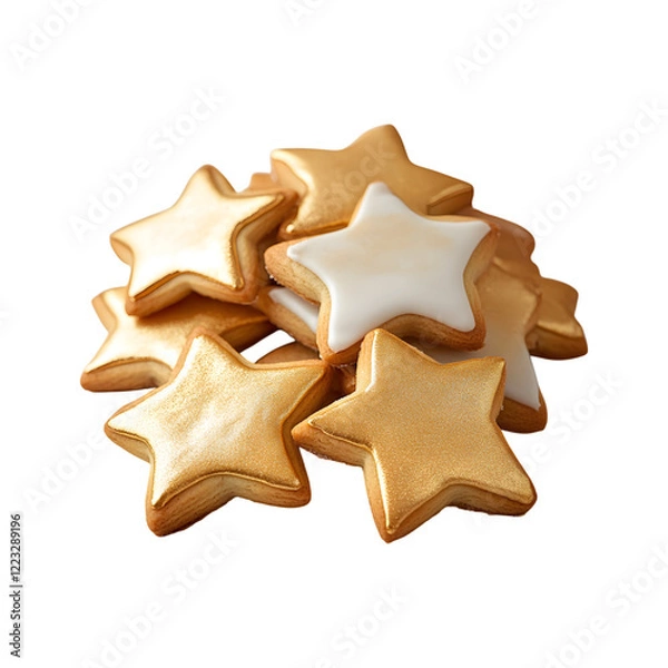 Obraz Star-Shaped Cookies Decorated with Metallic Edible Gold Paint Isolated on Transparent Background