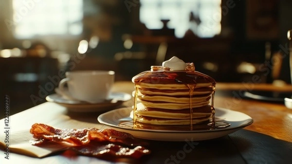 Fototapeta Delicious pancakes with bacon and syrup in cozy breakfast setting