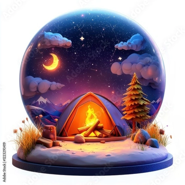 Fototapeta 3D icon night camping under the stars with a bonfire, isolated on a white background --quality 2