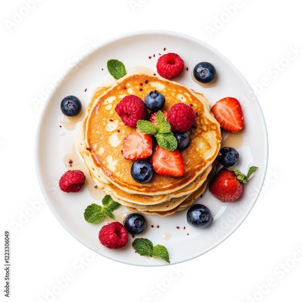 Fototapeta A stack of golden pancakes is adorned with fresh strawberries, raspberries, blueberries and mint leaves on a white plate.