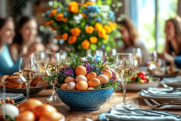 Fototapeta Happy family having Easter dinner together, table setting with traditional food and spring flowers for Easter celebration	
