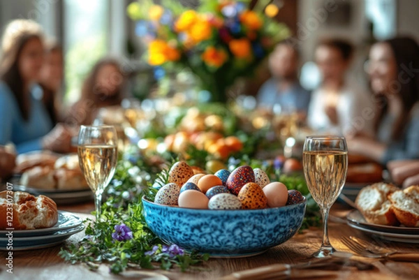 Fototapeta Happy family having Easter dinner together, table setting with traditional food and spring flowers for Easter celebration	
