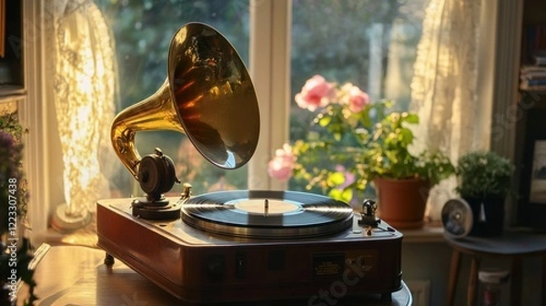 Obraz Golden Hour Gramophone: A Vintage Melody in Sunlight