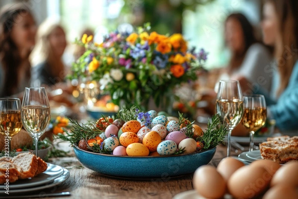 Fototapeta Happy family having Easter dinner together, table setting with traditional food and spring flowers for Easter celebration	
