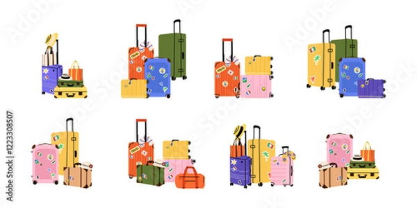 Fototapeta Luggage with stickers. Travel suitcase, journey baggage, handbag of passenger, bags and case, bright colorful traveling accessory. Doodle minimal trendy vector cartoon flat style isolated illustration