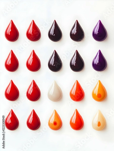 Fototapeta Colorful arrangement of varied blood drop shapes on a white background showcasing differences in hue and saturation