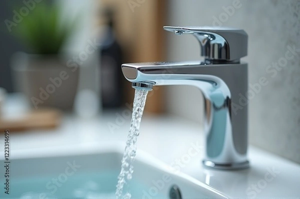 Fototapeta Water flows gracefully from a sleek, modern faucet into a tranquil basin, reflecting minimalist design aesthetics and creating a refreshing ambiance in a stylish bathroom