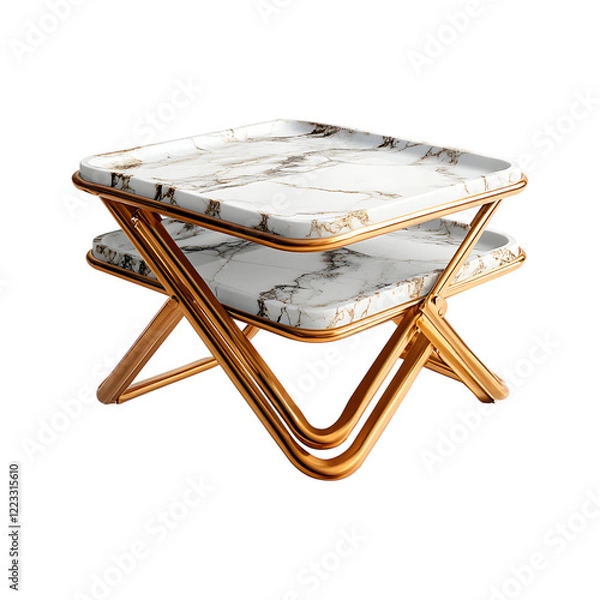 Fototapeta Foldable TV Trays with Marble Effect Tops and Gold Metal Base Isolated on Transparent Background