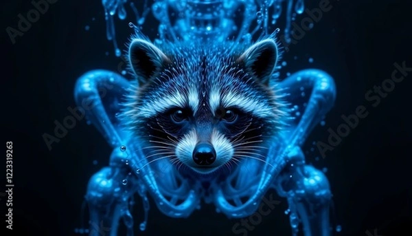 Fototapeta Mysterious Blue Raccoon Portrait with Glowing Skeletal Form and Splashing Liquid
