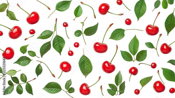 Fototapeta Fresh Red Cherries with Leaves on Black Background for Culinary and Design Projects